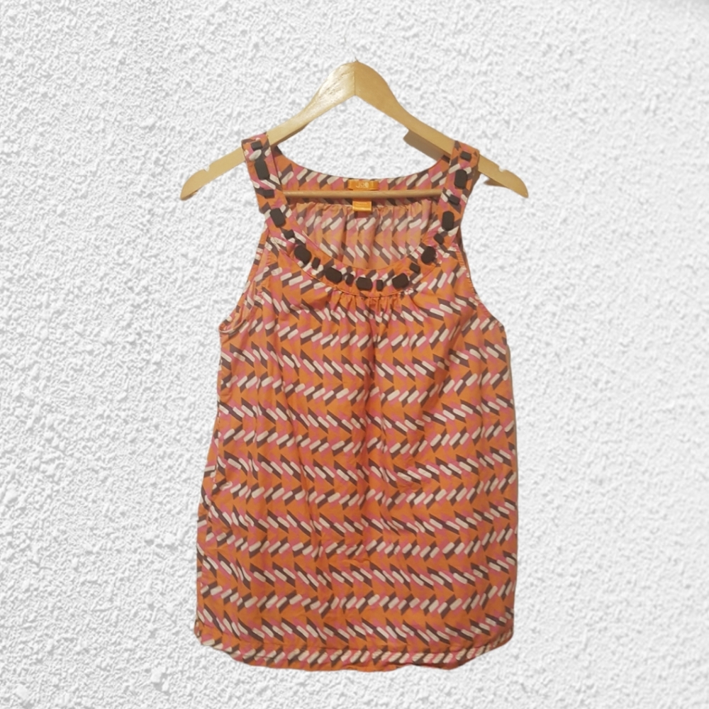 Lightweight sleeveless retro print summer top with bead detail